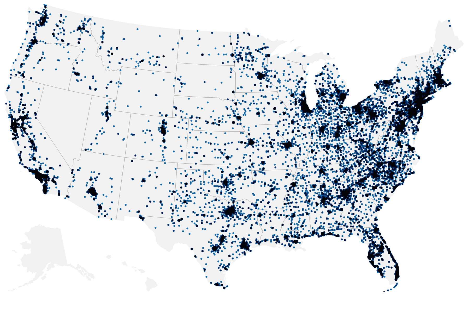Map of the United States showing thousands of LibertyX Bitcoin ATM locations