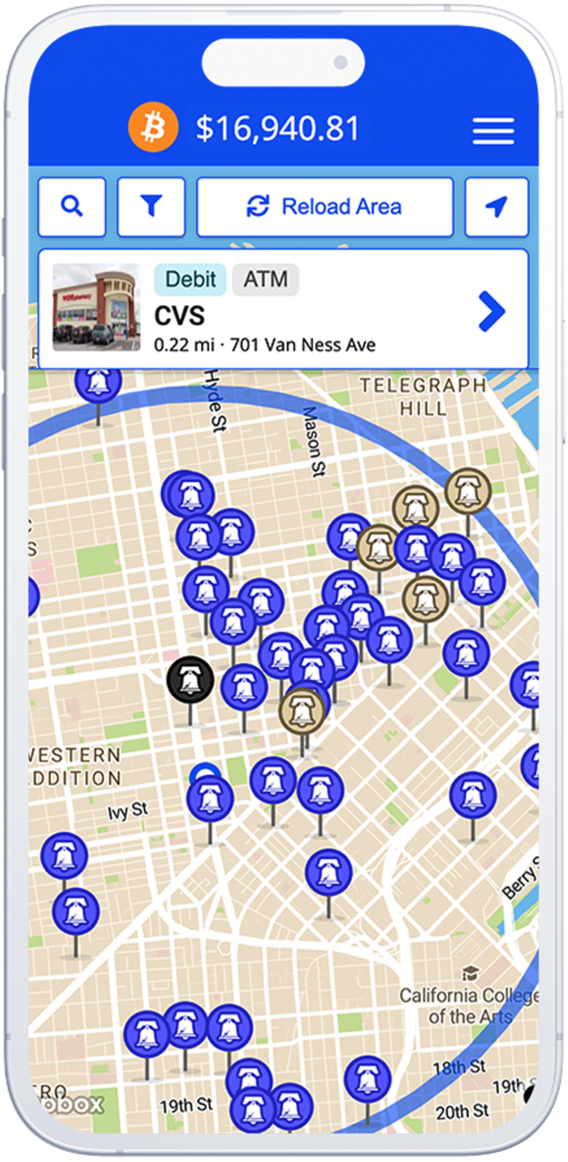 LibertyX app map screen showing nearby Bitcoin ATM locations