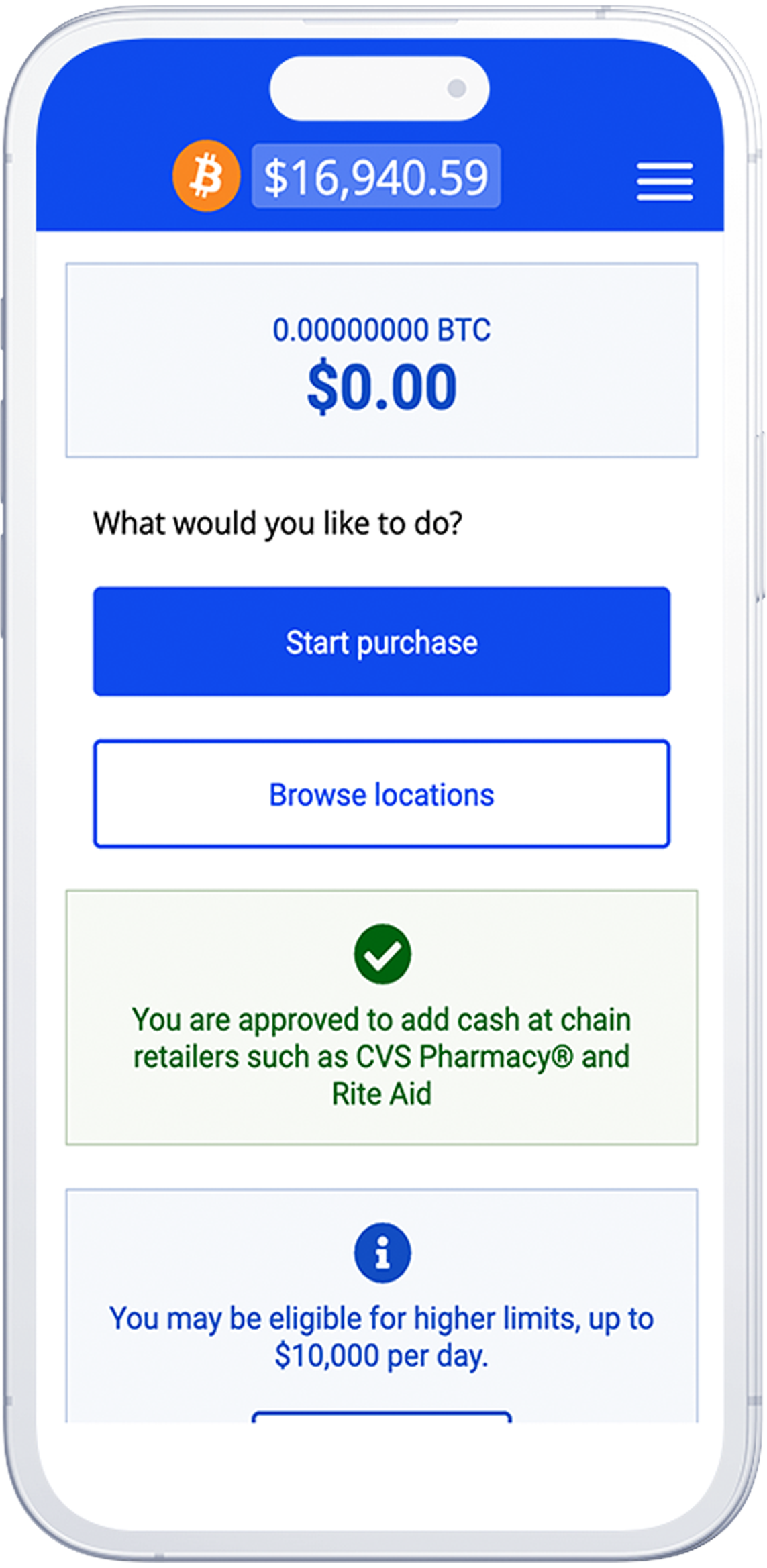 LibertyX app home screen showing Start purchase and Browse locations